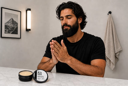 Man applying The Black Beard Beard Balm during his grooming routine